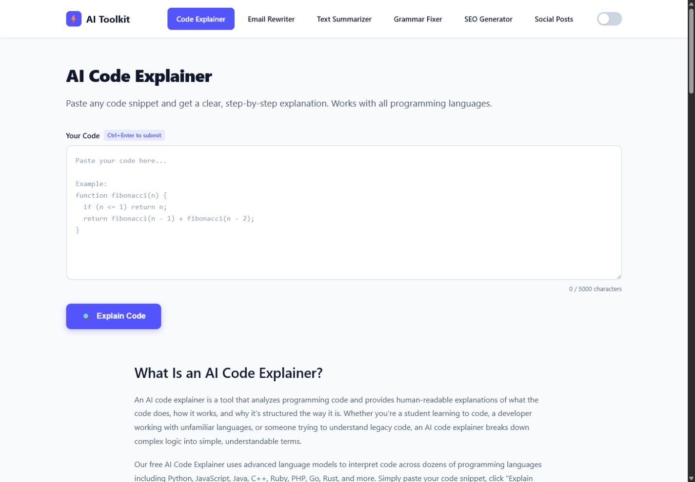 AI Toolz code explainer interface