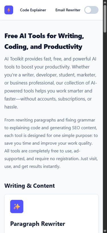 AI Toolz homepage with compact mobile navigation