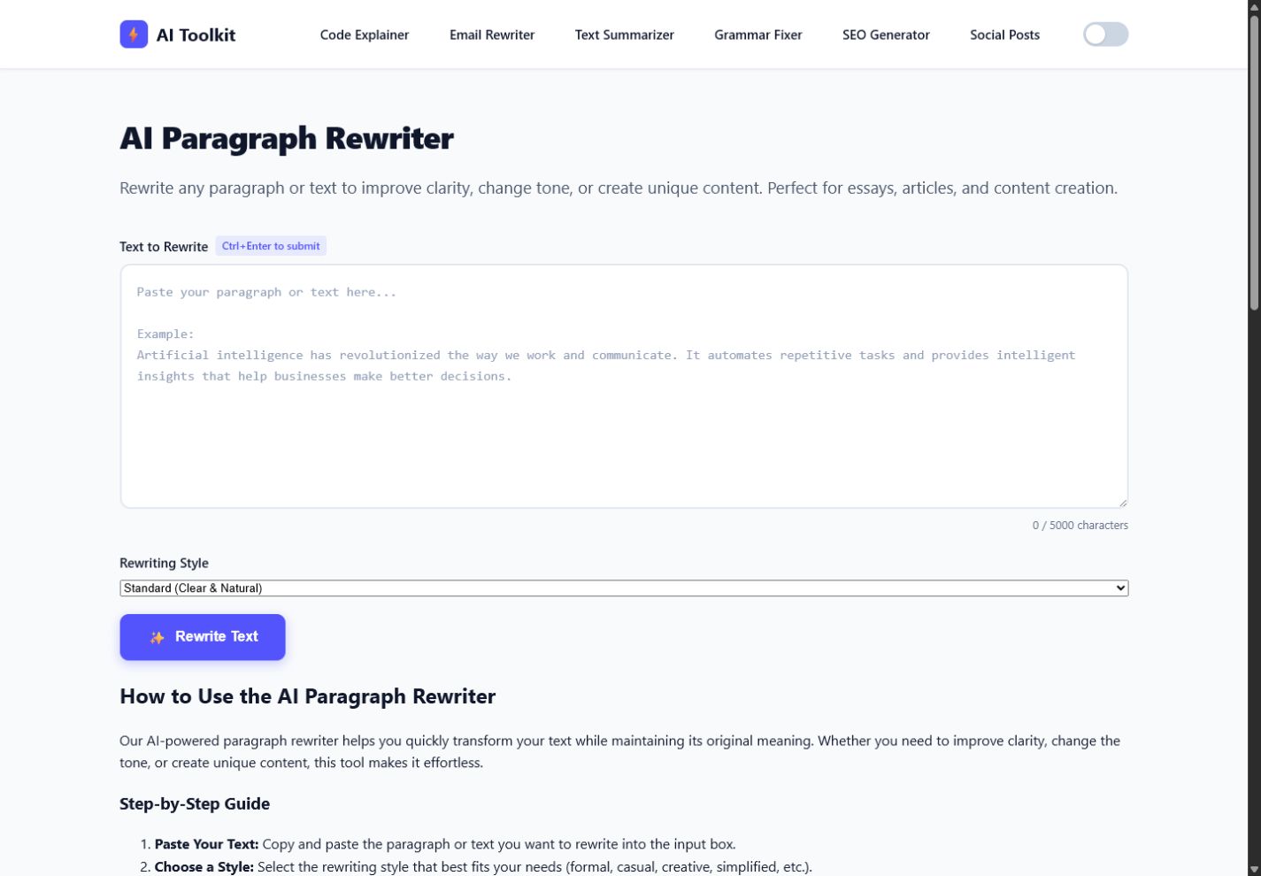 AI Toolz paragraph rewriter interface