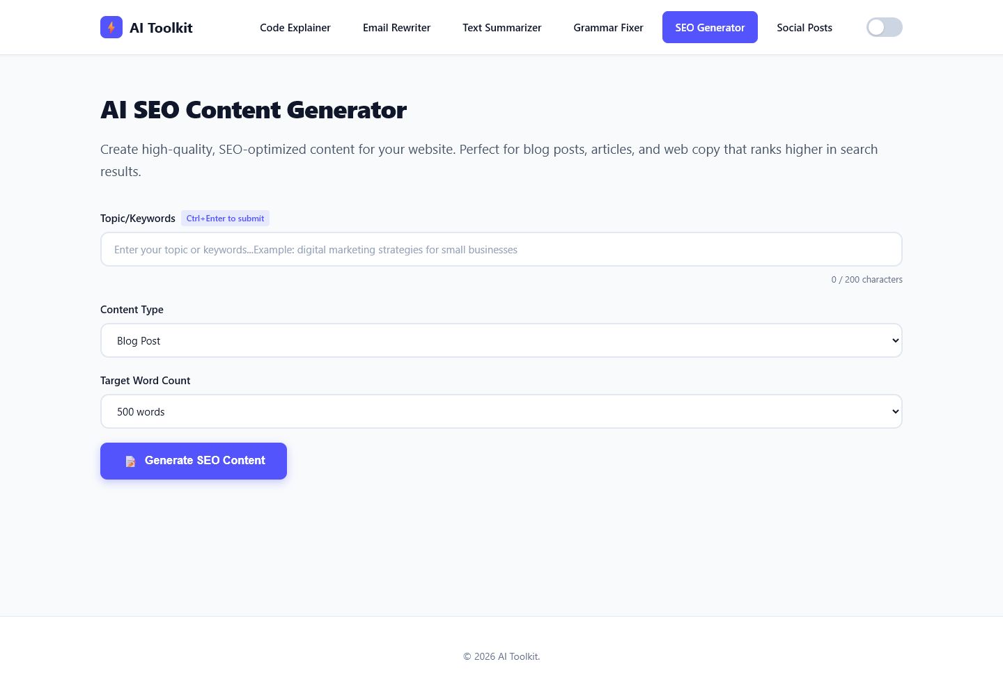 AI Toolz SEO content generator interface