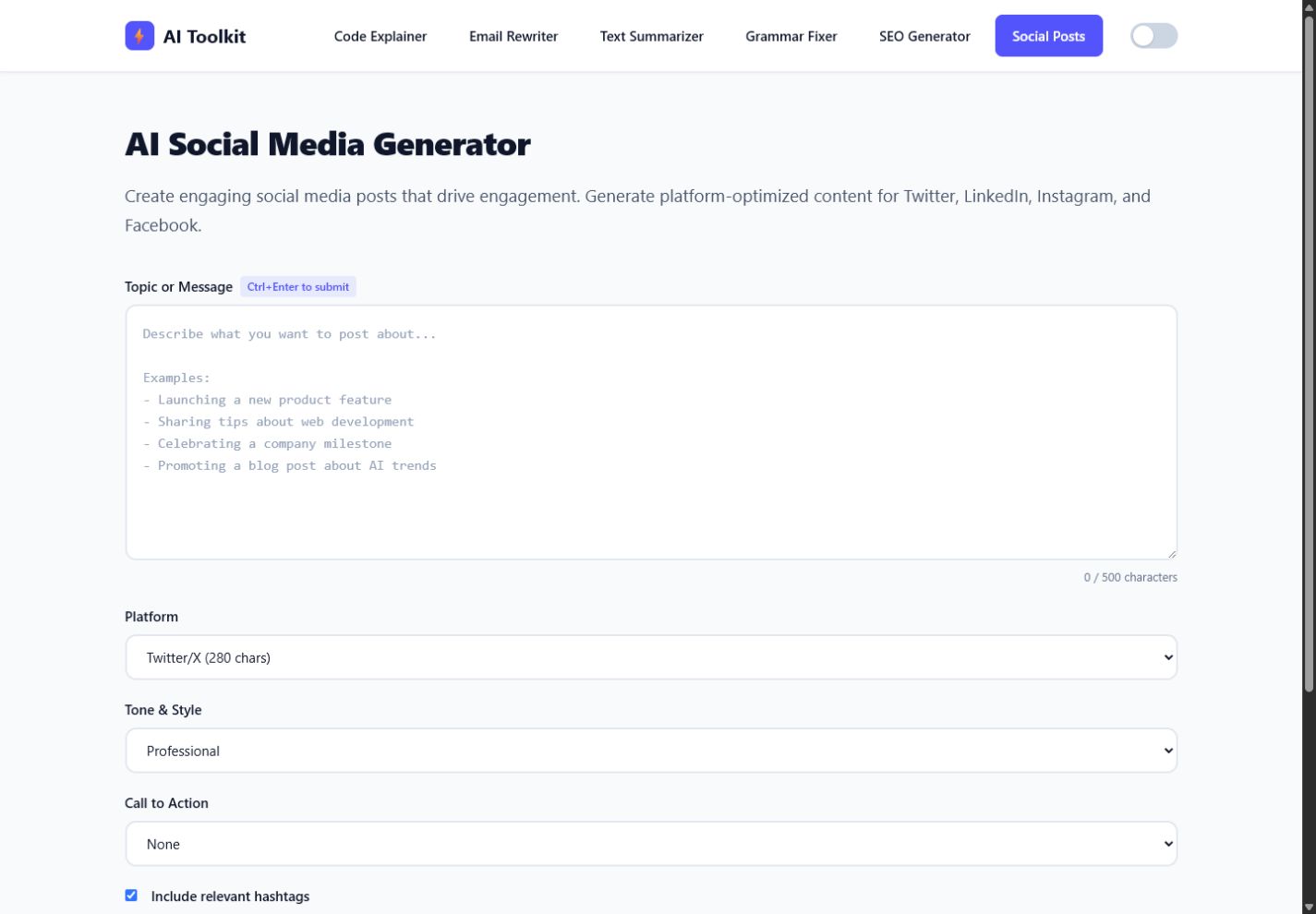 AI Toolz social media generator interface